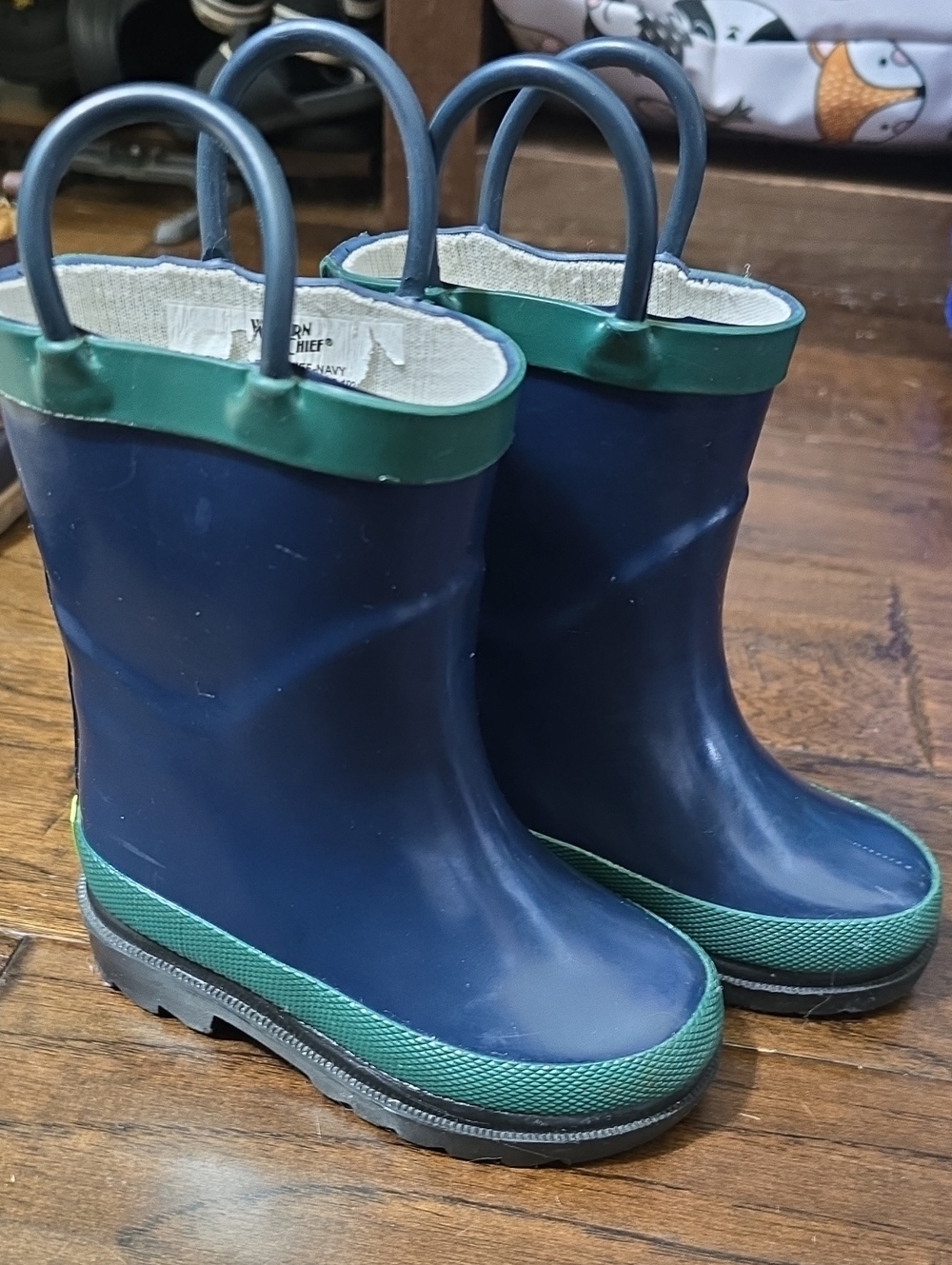 Western Chief Navy and Green Kids Rain Boots with Pull Handles